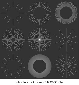 Radial radiating beam ray lines. Starburst, sunburst lineal element, icon. Glint, gleam, aurora effect