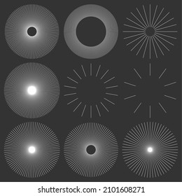 Radial radiating beam ray lines. Starburst, sunburst lineal element, icon. Glint, gleam, aurora effect