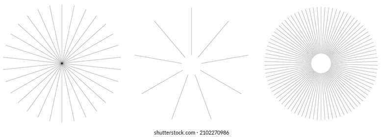 Radial radiating beam ray lines. Starburst, sunburst lineal element, icon. Glint, gleam, aurora effect
