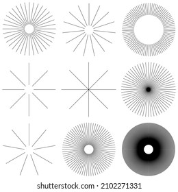 Radialstrahllinien. Starburst, sunburst lineales Element, Symbol. Glint, Glanz, Polarlicht