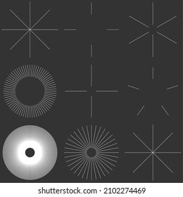 Radial radiating beam ray lines. Starburst, sunburst lineal element, icon. Glint, gleam, aurora effect