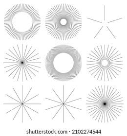 Radial radiating beam ray lines. Starburst, sunburst lineal element, icon. Glint, gleam, aurora effect