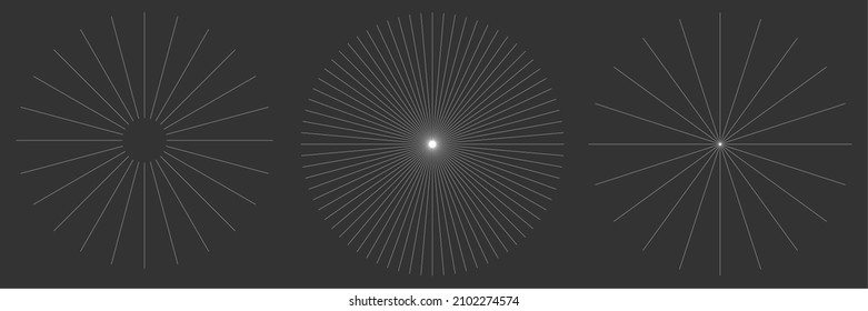 Radial radiating beam ray lines. Starburst, sunburst lineal element, icon. Glint, gleam, aurora effect