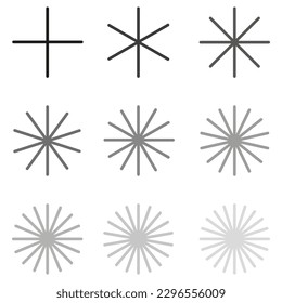 Radial radiating beam ray lines. Starburst, sunburst lineal element, icon. Glint, gleam, aurora effect. stock image.