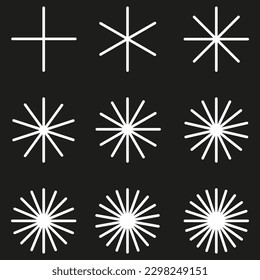 Radial radiating beam ray lines. Starburst, sunburst lineal element, icon. Glint, gleam, aurora effect. stock image.