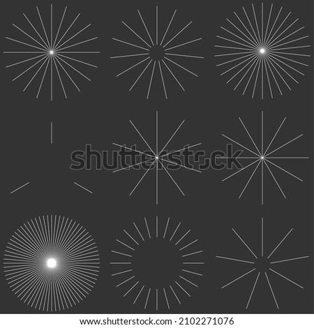 Radial radiating beam ray lines. Starburst, sunburst lineal element, icon. Glint, gleam, aurora effect