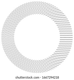 Radial, radiating, converging circular rings of dashed line circles. Periodic, infrequent bits, particles. orbiting dashed line circles