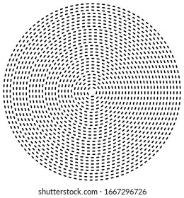 Radial, radiating, converging circular rings of dashed line circles. Periodic, infrequent bits, particles. orbiting dashed line circles