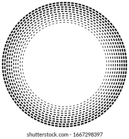 Anillos circulares radiales, radiantes y convergentes de círculos de líneas discontinuas. Bits periódicos, poco frecuentes, partículas. círculos de líneas discontinuas en órbita