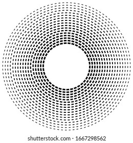 Radial, radiating, converging circular rings of dashed line circles. Periodic, infrequent bits, particles. orbiting dashed line circles