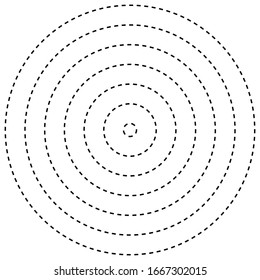 Radial, radiating, converging circular rings of dashed line circles. Periodic, infrequent bits, particles. orbiting dashed line circles