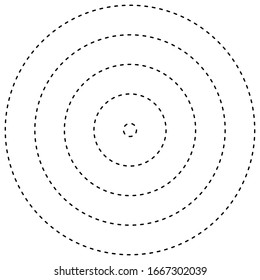 Radial, radiating, converging circular rings of dashed line circles. Periodic, infrequent bits, particles. orbiting dashed line circles