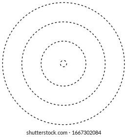 Radial, radiating, converging circular rings of dashed line circles. Periodic, infrequent bits, particles. orbiting dashed line circles