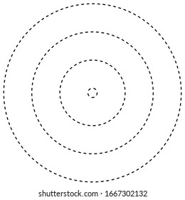 Radial, radiating, converging circular rings of dashed line circles. Periodic, infrequent bits, particles. orbiting dashed line circles