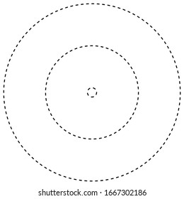 Radial, radiating, converging circular rings of dashed line circles. Periodic, infrequent bits, particles. orbiting dashed line circles