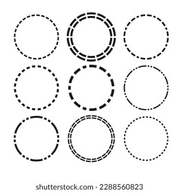Radial, radiating, converging circular rings of dashed line circles. Periodic, infrequent bits, particles. Vector illustration.