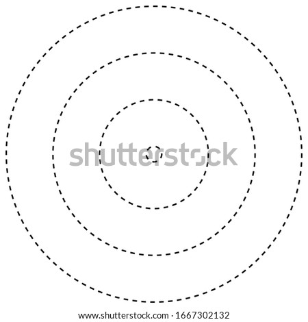 Radial, radiating, converging circular rings of dashed line circles. Periodic, infrequent bits, particles. orbiting dashed line circles