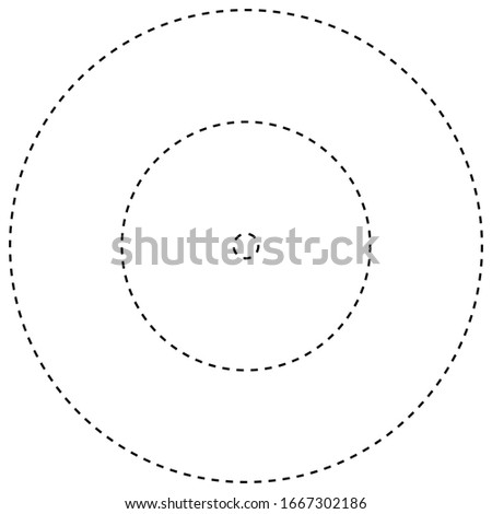 Radial, radiating, converging circular rings of dashed line circles. Periodic, infrequent bits, particles. orbiting dashed line circles