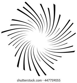 Radial, radiating lines with rotation, spiral effect. Abstract element isolated on white.