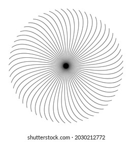 Radial, radiating lines with spiral, swirl, twirl distortion effect. Burst spiral lines