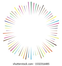 Radial, radiating lines, spokes. Circular rays, beams. Multicolor, colorful burst sparkle. Star burst, sun burst element. Concentric sparkle, gleam, twinkle design