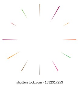 Radial, radiating lines, spokes. Circular rays, beams. Multicolor, colorful burst sparkle. Star burst, sun burst element. Concentric sparkle, gleam, twinkle design
