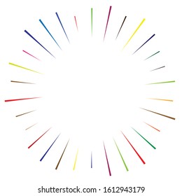Radial, radiating lines, spokes. Circular rays, beams. Multicolor, colorful burst sparkle. Star burst, sun burst element. Concentric sparkle, gleam, twinkle design