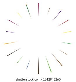 Radial, radiating lines, spokes. Circular rays, beams. Multicolor, colorful burst sparkle. Star burst, sun burst element. Concentric sparkle, gleam, twinkle design