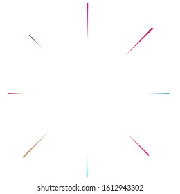 Radiale, strahlende Linien, Speichen. Rundstrahlen, Balken. Vielfarbige, bunter Burstfunkel. Sternenstaub, Sonnenbrand. Konzentriertes Funkeln, Glanz, glänzendes Design
