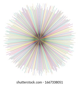 Radial, radiating lines, spokes. Circular rays, beams. Multi-color sparkle effect. Colorful Starburst, sunburst element. Concentric sparkle, gleam or twinkle design