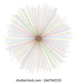 Radial, radiating lines, spokes. Circular rays, beams. Multi-color sparkle effect. Colorful Starburst, sunburst element. Concentric sparkle, gleam or twinkle design
