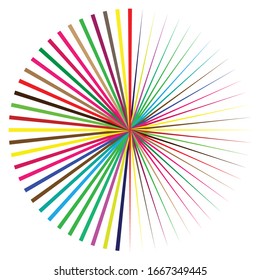 Radial, radiating lines, spokes. Circular rays, beams. Multi-color sparkle effect. Colorful Starburst, sunburst element. Concentric sparkle, gleam or twinkle design