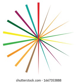 Radial, radiating lines, spokes. Circular rays, beams. Multi-color sparkle effect. Colorful Starburst, sunburst element. Concentric sparkle, gleam or twinkle design