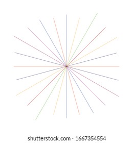 Radial, radiating lines, spokes. Circular rays, beams. Multi-color sparkle effect. Colorful Starburst, sunburst element. Concentric sparkle, gleam or twinkle design