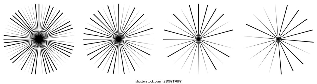 Radial, radiating lines, stripes abstract circular element. Rays, beams starburst, sunburst element. Converging, merging, spreading lines