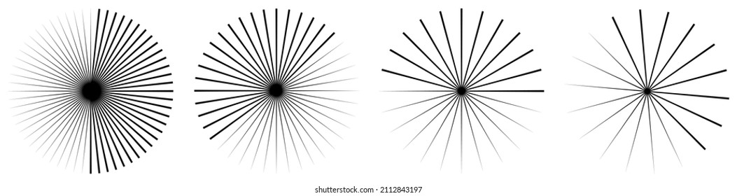 Radial, radiating lines, stripes abstract circular element. Rays, beams starburst, sunburst element. Converging, merging, spreading lines