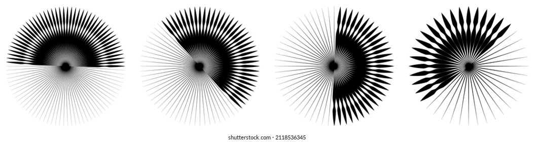 Radial, radiating lines, stripes abstract circular element. Rays, beams starburst, sunburst element. Converging, merging, spreading lines