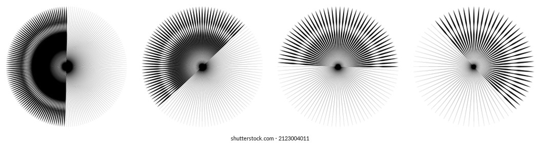 Radial, radiating lines, stripes abstract circular element. Rays, beams starburst, sunburst element. Converging, merging, spreading lines