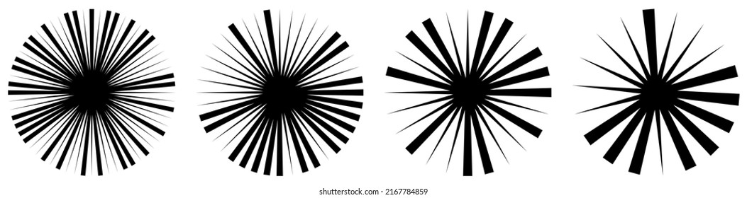 Radial, radiating lines, stripes abstract circular element. Rays, beams starburst, sunburst element. Converging, merging, spreading lines