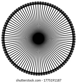 Radial, radiating straight thin lines. Circular black and white abstract minimal illustration. Intersecting lines at center.