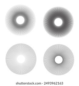 Radial, radiating straight thin lines. Circular black and white abstract minimal illustration. Intersecting lines at center.