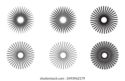Radial, líneas rectas y finas radiales. Ilustración mínima abstracta en blanco y negro circular. Intersección de líneas en el centro.