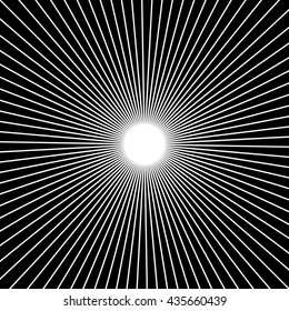 Radial, radiating straight thin lines. Circular black and white abstract minimal illustration. Intersecting lines at center.