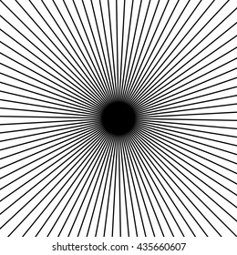 Radial, radiating straight thin lines. Circular black and white abstract minimal illustration. Intersecting lines at center.