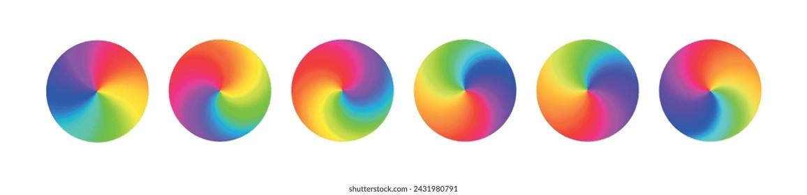 Radial rainbow gradient circular swirl, color spectrum in a vibrant wheel, RGB gradation. Flat vector illustration isolated on white background.