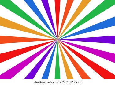 Radial rainbow rays background. Rainbow stripped colorful backdrop. Groovy full color spectrum. Comics book rainbow beam lines. Radial circle line.