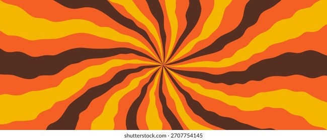 Radial ray background with brown, orange, and yellow wavy sunburst lines in retro style. Radial ray pattern with warm psychedelic motion. Vector illustration.