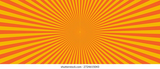 Radialer Strahlenhintergrund mit orangefarbenem und gelbem Sonnenburstmuster im Retro-geometrischen Stil. Radiales Strahlmuster mit dynamisch zentrierter Symmetrie. Vektorgrafik