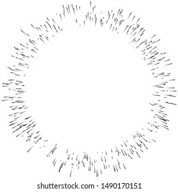 Radial ray, beam lines. Circular radiation stripes pattern. Gleam, sparkle effect. Glaze, flare design. Sunburst, starburst concentric lines as radiance, glitter illustration