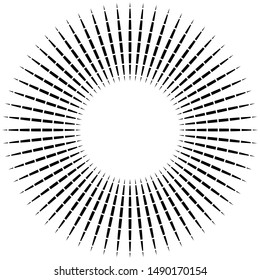 Radial ray, beam lines. Circular radiation stripes pattern. Gleam, sparkle effect. Glaze, flare design. Sunburst, starburst concentric lines as radiance, glitter illustration